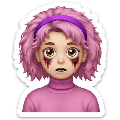 brown fluffy haired zombie with pink turtleneck sweater and hair band sticker