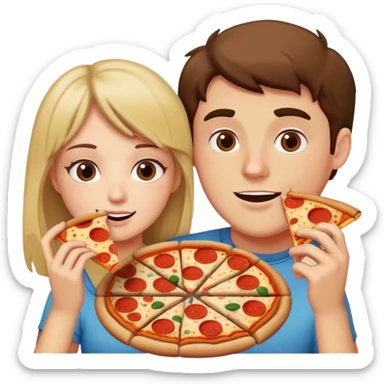 A guy eating a pizza with his girlfriend who is in the e bathroom sticker