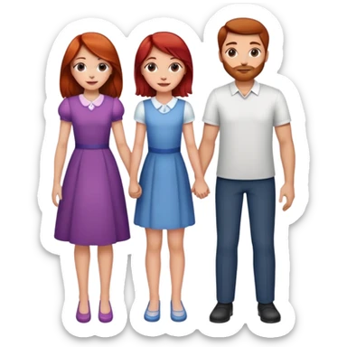 A girl with makeup with brown hair with a child, a daughter, a girl with red hair, holding her hand in  and a husband, a man with brown hair, a family sticker