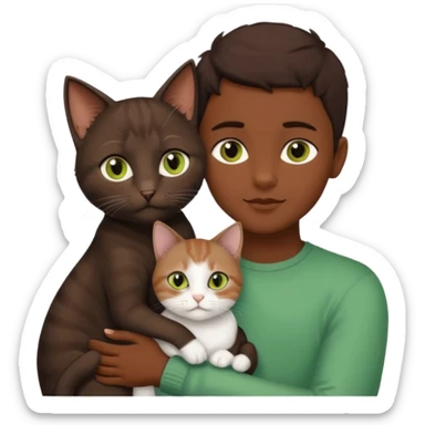 Crea un emoji donde salga un chico moreno con los ojos claros, una chica morena con los ojos marrones y SOLO UN gato europeo comun de pelaje oscuro y ojos verde claro, quiero que se esten abrazando y el gato este en el medio del chico y la chica sticker