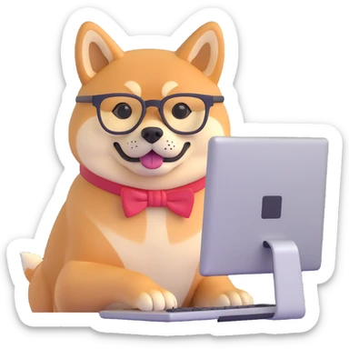 shiba inu with eye glasses and computer sticker