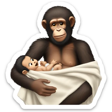 Human Bob Ross bottle feeding a new born baby chimpanzee wrapped in a blanket sticker