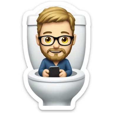 White man with a beard and glasses sitting on the toilet holding a phone sticker
