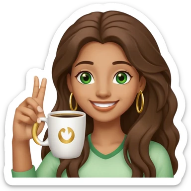 Long, Brown haired girl with middle hair part, green eyes, gold hoop nose ring, smiling, waving with one hand, coffee mug in the other sticker