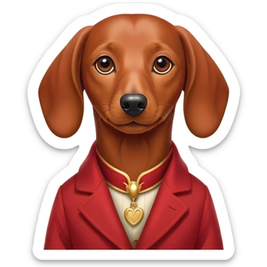 Cinematic Noble Red Dachshund Portrait Emoji, Poised and regal, with a long, low-slung build and a smooth, well-groomed red coat, deep-set soulful brown eyes, Simplified yet sharp and sophisticated features, highly detailed, glowing with a soft, dignified glow, high shine, intelligent and determined, stylized with an air of charm, focused and attentive, soft glowing outline, capturing the essence of a watchful and confident companion, so majestic it feels as though it could slide out of the screen with effortless authority! sticker