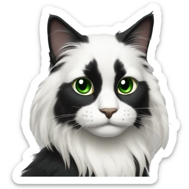 All Black long haired cat with white patch on chest and white paws and green eyes and black nose sticker