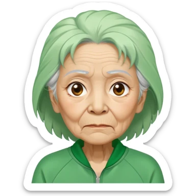 Hong is an old woman, around 60 years old, green tracksuit. She is unkempt and damp with sweat.  Her white hair tie. sticker
