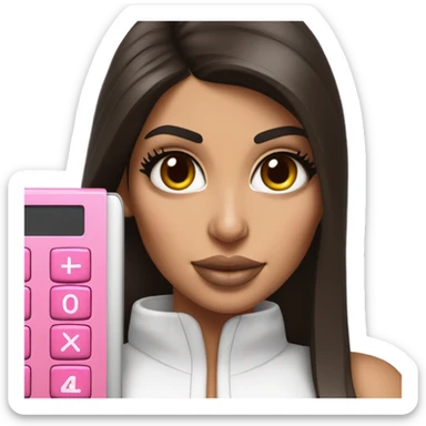 Hyper realistic kim kardashian with straight brown hair holding a pink calculator sticker
