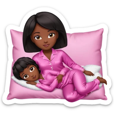 Dark skin Black barbie, short  black bob  hair, pink pajamas laying on pillow  sticker