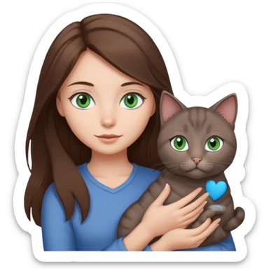 a girl with loose brown hair and blue eyes, holding a gray cat with green eyes sticker