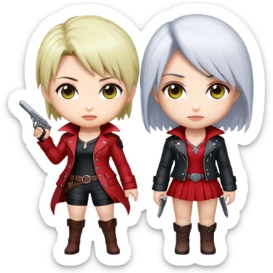 Cute chibi Lady and Trish from Devil May Cry, big heads, small bodies, childlike proportions sticker