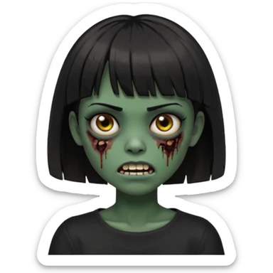 Zombie girl emoji verde escuro com cabelo curto liso preto no ombro e franja na altura da sobrancelha cobrindo completamente a testa, usando uma blusa preta, com olhos castanhos escuros sticker