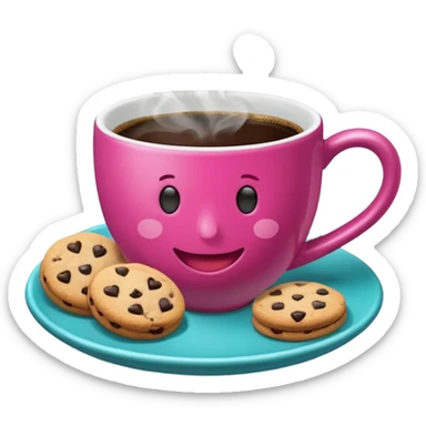 cup of coffee, steaming, the smoke should come out in the shape of a heart, the color of the cup is fuchsia, the cup has a happy face printed on it, the cup rests on a turquoise blue plate, and there are cookies and sugar cubes around the cup. sticker
