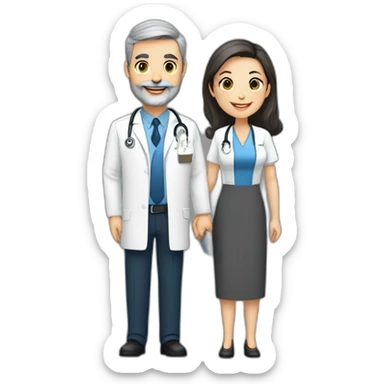 husband classy caucasian 55 dark gray hair trimmed beard executive holding bible, with wife asian age 55 dark hair nurse uniform, no children sticker