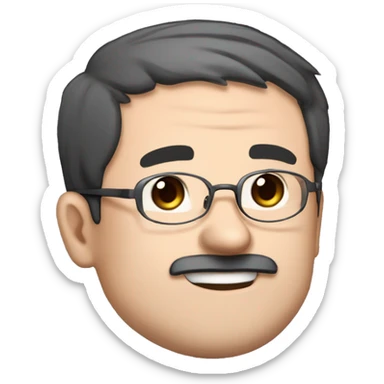 masterpiece, anime style, chibi, illustrated logo, medium short shot, emote for twitch of a 46 year old man, oval face, black hair, wrinkles on forehead, brown eyes, white skin, inky shirt, short hair, glasses, working in his computer
 sticker