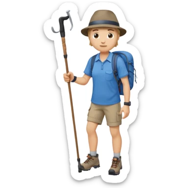 a full-body hiker with a hat blue shirt and hiking stick.hiking a mountain sticker