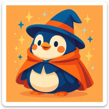 a chubby penguin with a wizard hat and cloak, surrounded by sparkles, in a soft, rounded illustration style, colorful vibrant toon sticker