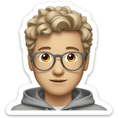 young white guy with medium wavy hair and a fade in light brown color and round silver color glasses with a grey hoodie on sticker