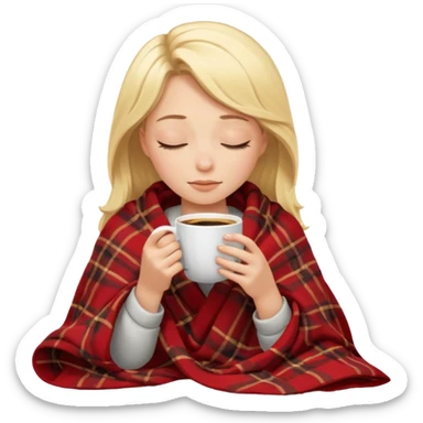 Blonde girl inside a blanket sipping coffee eyes closed sticker