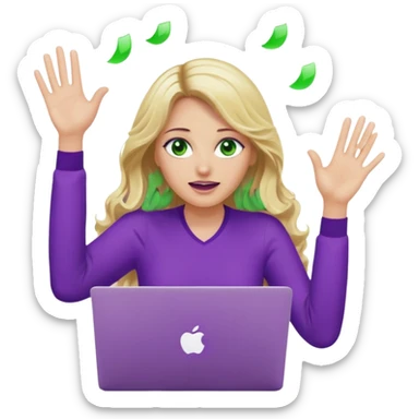 lady with long wavy blonde hair, purple top, green eyes, throwing her with a purple mac laptop hands in the air crying sticker