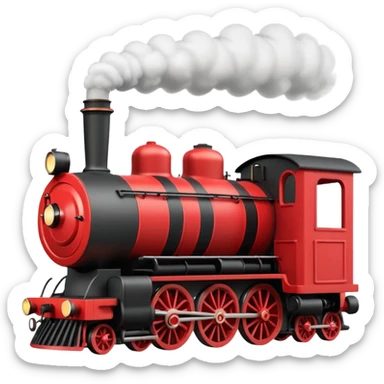 A 3D cartoon classic steam locomotive with a chimney releasing smoke, red and black body, bright sky background, Memoji-style rendering. sticker