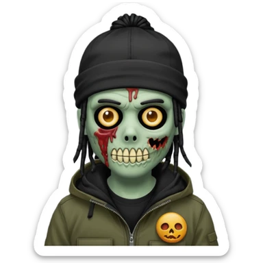 a zombie emoji with black dreads and a black carheartt jacket and black nike ski mask on his head sticker
