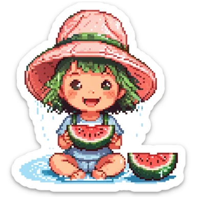 cute little kid in a sun hat joyfully eating watermelon by the riverside on a hot summer day with splashing water sparkles and refreshing breeze colorful pixel art style sticker