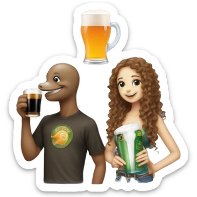 Male dolphin drinking a pint of guiness sat next to a girl dolphin with long curly hair drinking a j2o both surrounded by lots of the word “or” sticker