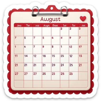 a monthly calendar labeled “August,” with rounded square date boxes, scalloped border frame, playful red doodle lines, and a cozy planner vibe. Minimal kawaii style, flat pastel color palette, slightly imperfect sketch lines, centered object, no background sticker