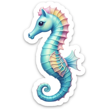 Cinematic Noble Sea Horse Portrait Emoji, Poised and enchanting, with a delicate, slender body in soft pastel hues, a gracefully curled tail and large, expressive eyes radiating gentle wonder, Simplified yet charmingly cute features, highly detailed, glowing with a soft, magical aquatic luminescence, high shine, intelligent and endearing, stylized with an air of whimsical marine grace, focused and poised, soft glowing outline, capturing the essence of a watchful and confident seahorse that appears ready to drift out of the screen with delightful charm! sticker