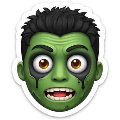 Quero um emoji de zumbi masculino, com cabelo preto, estilo desenho 3D como emoji, na mesma pose com as mãos levantadas para frente, expressão de zumbi com boca aberta e olhos meio caídos, pele verde acinzentada e roupa rasgada sticker