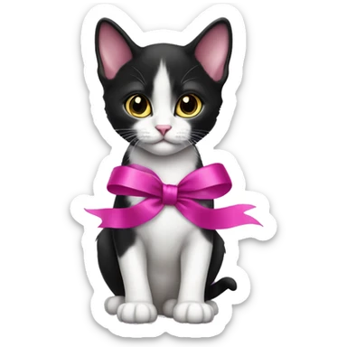 Full body Tuxedo kitten with a magenta ribbon Hazel eyes sticker