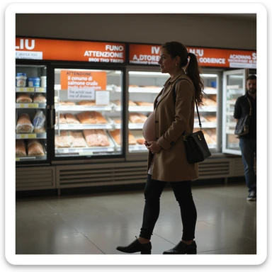 realistic pregnant woman in 4K walking away from the salmon counter after reading a sign that says: 'Attenzione, il consumo di salmone crudo puo comportare rischi in gravidanza' sticker