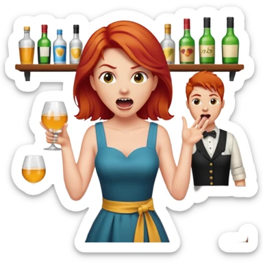 A raid haired woman yelling at a bartender sticker