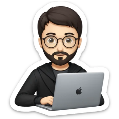 23 year old Azerbaijani man with very dark brown hair and beard with glasses and laptop , light yellow skin face, not European, glasses like a harry potter sticker