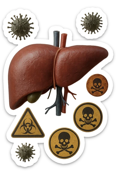 fegato umano anatomico con tossine che gli fluttuano intorno, iperrealistico 4k sticker