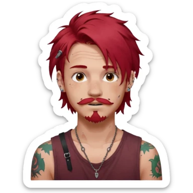 generate an ios genmoji of a 20 year old boy with shoulder length hair messy very messy dyed red hair. ear piercings. a lot of tattoos. and a faint stubble mustache sticker