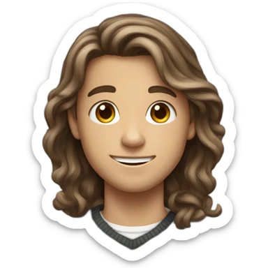 happy teenager boy brown long wavy hair and dark gray striped sweater sticker