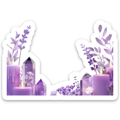 Aesthetic scenic romantic lavender lilac pastels beautiful gorgeous holy divine spiritual pretty elegant sparkly shiny scene of Candles, flowers, plants leaves, amethyst crystals, scenic aesthetic scenery sticker