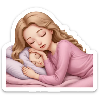 one girl with pale skin and long wavy light brown hair in light pink clothes sleeping alone sticker