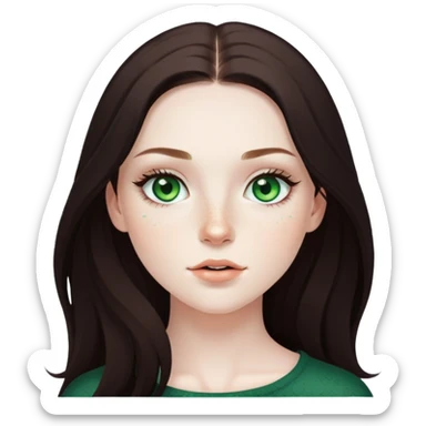 pretty girl with pale skin, freckles, green eyes, long lashes, dark brown long hair sticker