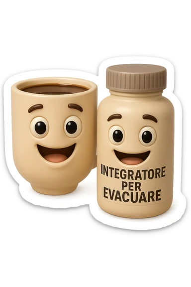 EMOJI STILE IPHONE 3D DI un caffè e di una boccetta di integratore con la scritta "INTEGRATORE PER EVACUARE" SULL'ETICHETTA, iperrealistico 4k sticker