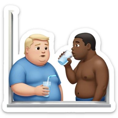 Big fat white man drinking water and a black guy is outside the window begging for some sticker