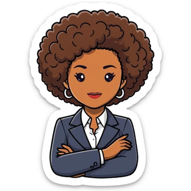 Elegant African career woman with natural curly afro hair, corporate outfit, professional demeanor sticker