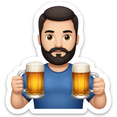big man in yoga pose, bright skin, dark beard and dark short hair, holding beer mugs sticker