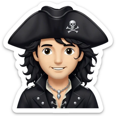 A charismatic pirate with wavy black hair tousled. His black tricorn hat, embroidered with silver. Dark eyes glint with mischief as he gazes to the side, a knowing smile on his lips. His fitted black coat, adorned with silver buttons. A silver chain dangles from his belt sticker