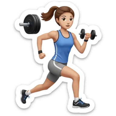 one women running and lifting weights. brown hair, light skin, hazel eyes. sticker