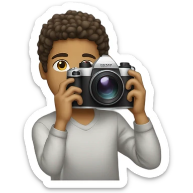 A mulatto boy with straight hair with a old camera  sticker