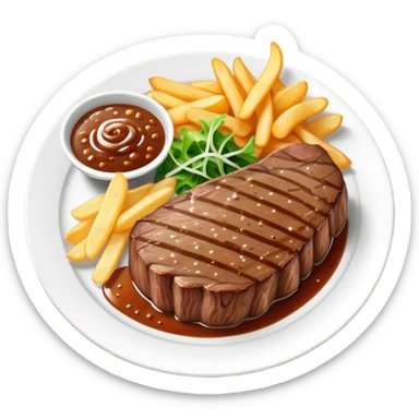big juicy australian steak meal featuring chips, small salad in a ramiken and gravy  sticker