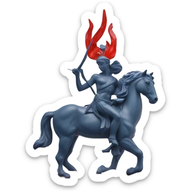 A Sagittarius sculpture with a geometric, faceted design. The Sagittarius is standing upright with angular and baroque features. The vibrant red and blue flame colors highlights the sharp edges and planes. Only 2 legs, clear features sticker